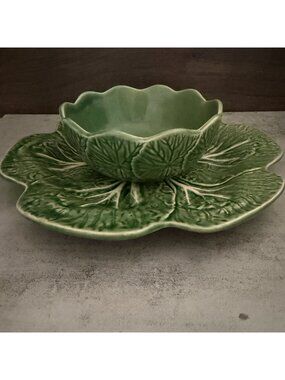 Bordallo Pinheiro Portugal Green Cabbage Ware Pottery Platter Bowl 2-Piece Set